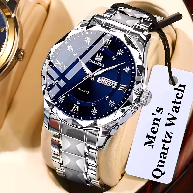 1 Luxury Quartz Men'S Watch with Stainless Steel Strap and Roman Numerals | Drilled Dial, Date and Calendar Display, Fashionable and Easy Design, Ideal for Birthday and Holiday Gifts