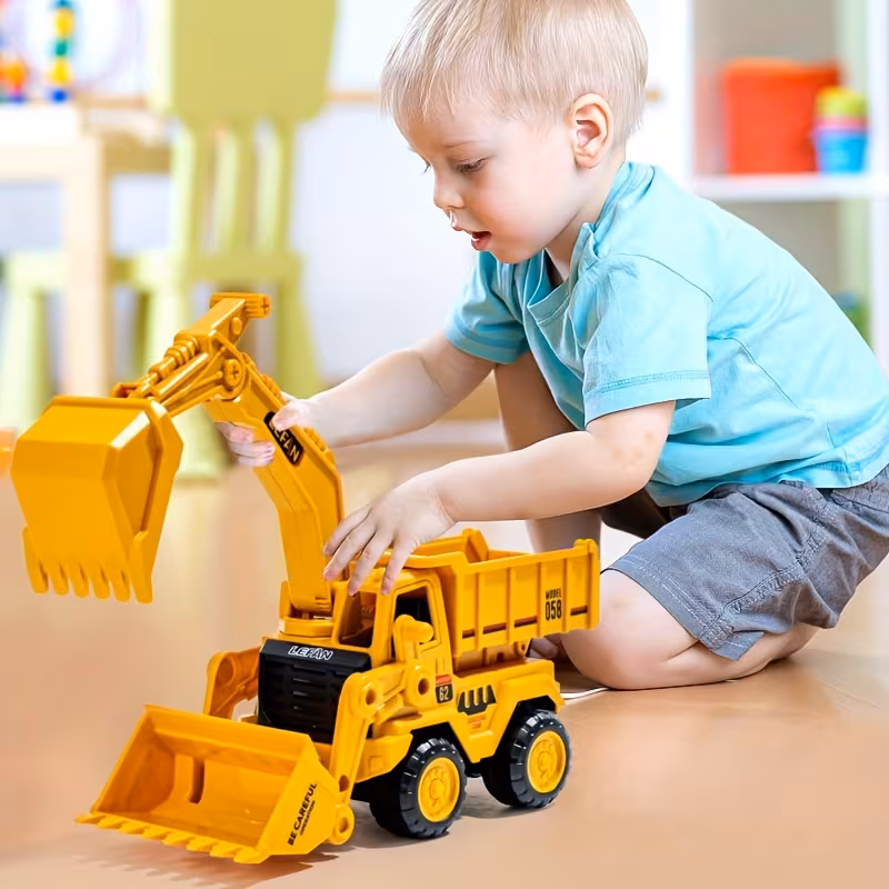 All-in-One Bulldozer/Dumper/Excavator Toy Truck - Inertia-Powered Moving Parts, Rotating Excavator Bucket & Push-Operated Construction Vehicle, ABS Plastic for Outdoor/ Play - Educational Gift Suitable for Kids Aged 3+