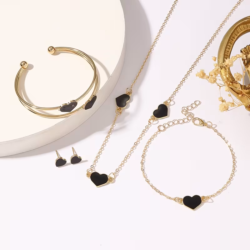 5pcs Women's Fashion Jewelry Set, Luxurious, Elegant, and Minimalist Style, Heart Pendant Necklace, Stud Earrings, Bracelet, and Bangle Set, Suitable for Women's Daily Wear, Casual, Weddings, Banquets, Valentine's Day, and Mother's Day Gifts