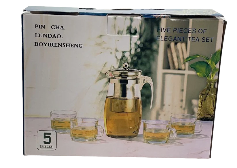 Elegant Glass Tea Pot with 4 Tea Cups Set of 5 Pieces 6661 (Parcel Plus Rate)