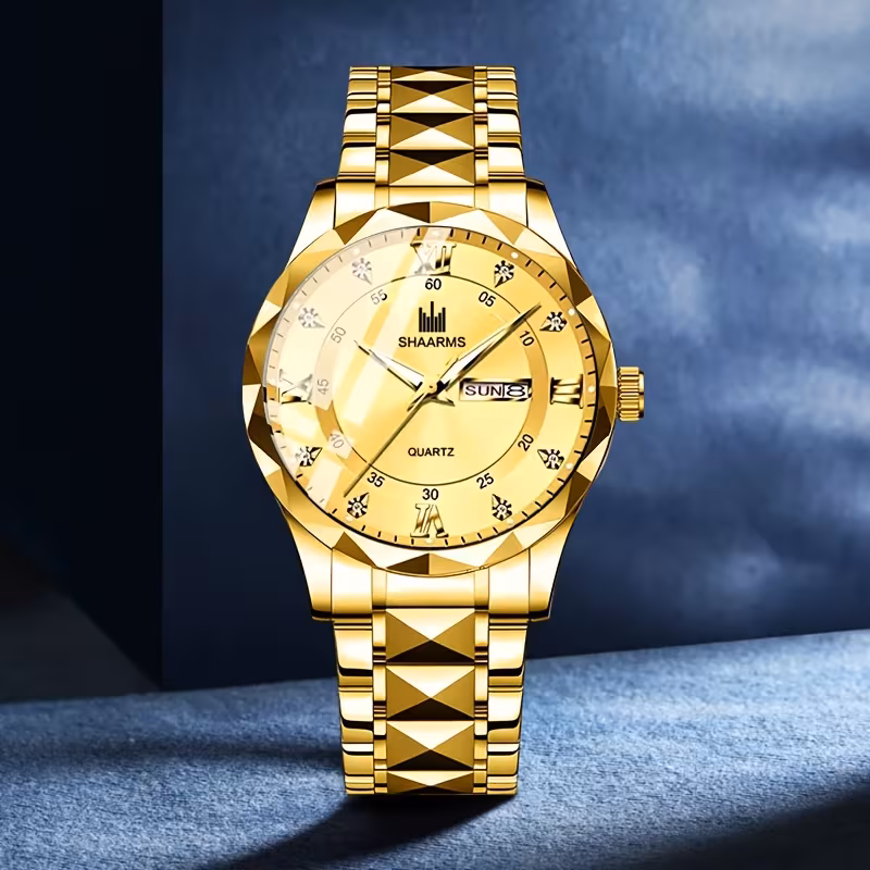 1 Luxury Quartz Men'S Watch with Stainless Steel Strap and Roman Numerals | Drilled Dial, Date and Calendar Display, Fashionable and Easy Design, Ideal for Birthday and Holiday Gifts