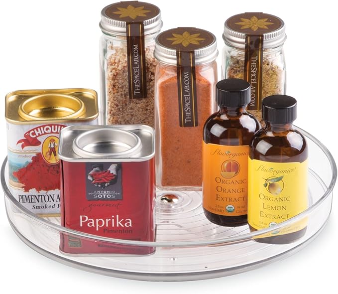 iDesign Rotatable Spice Rack, Small Plastic Kitchen Cupboard Storage for Spices and Condiments, Rotating Spice Jars Holder for Kitchen and Pantry, Clear