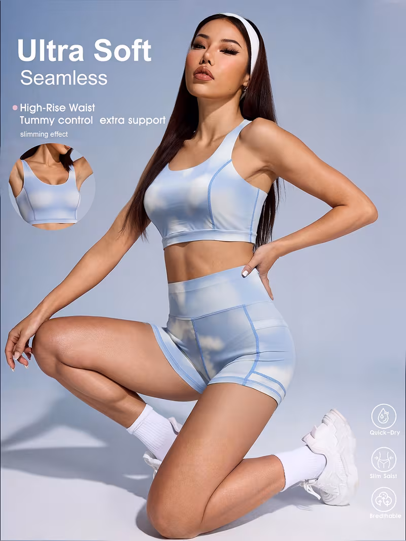 Women's New Fashion Blue Sky Print Tank Top + Shorts 2pcs Set, Tank Top with Chest Pad, with Cell Phone Pocket, Suitable for, Outdoor S,, Shopping, Daily Wear, Skin-friendly and Comfortable