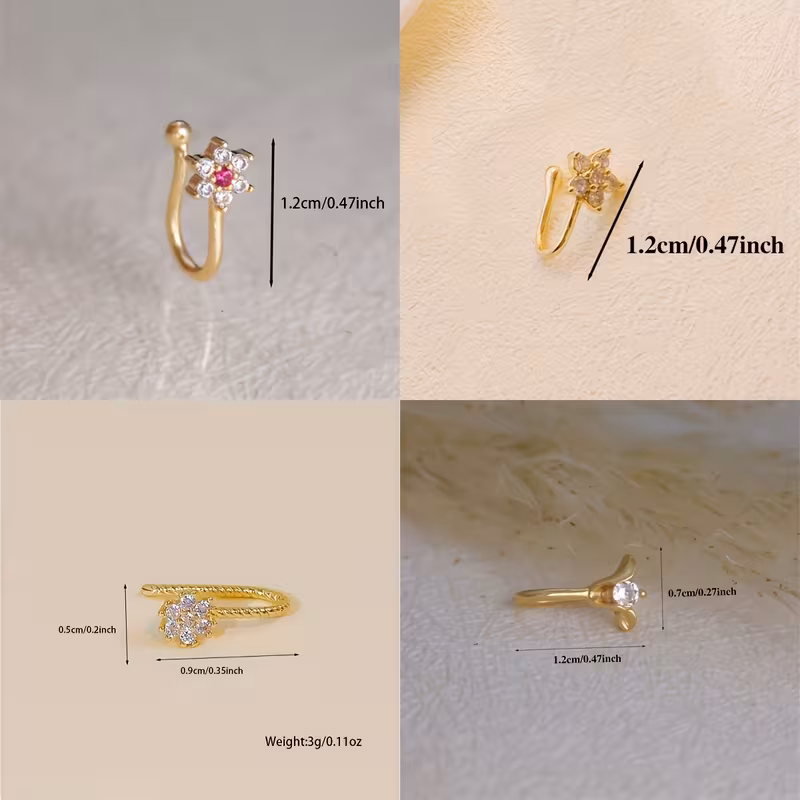 4pcs Set of Women's Fashionable Snowflakes, Cherry Blossoms, Tulips, Inlaid Synthetic Zirconia U-shaped Nose Clip Set, No Perforation, Adjustable Retro Elegant Style, Simple Design, Fashionable and Versatile. Thanksgiving Gift for Family and Friends