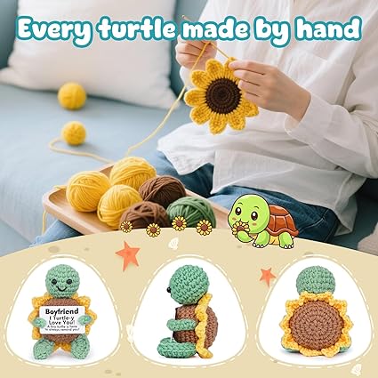 Handmade Crochet Sunflower Turtle Decor- Cute Anniversary Christmas Birthday Presents for Boyfriend, I Love You Gifts for Him