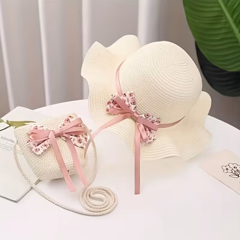 2Pcs/Set Summer Bow-Decorated Sun Hats with Mini Coin Crossbody Bag, Wide Brim Sun Hat, Lightweight Breathable Beach Hat & Purse Set, Fashionable Matching Set for Outdoor Trips Beach Vacations Travel Camping, Essential Summer Beach Outdoor Accessories