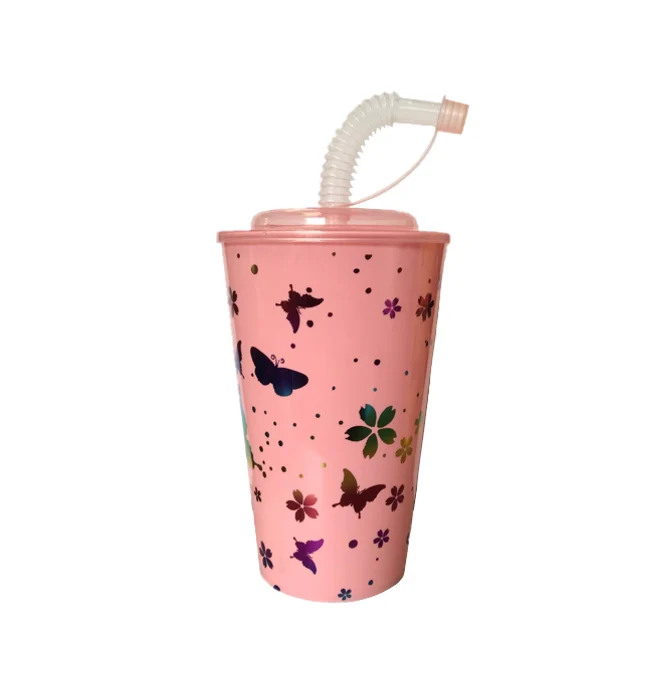 Reusable Plastic Juice Drinking Cup with Lid and Straw 500ml Assorted Colours