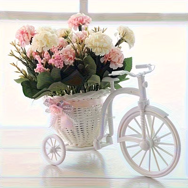Decorative Bicycle Flower Basket with a Plastic Vase, Used As a Prop for Photography Backgrounds And Displays