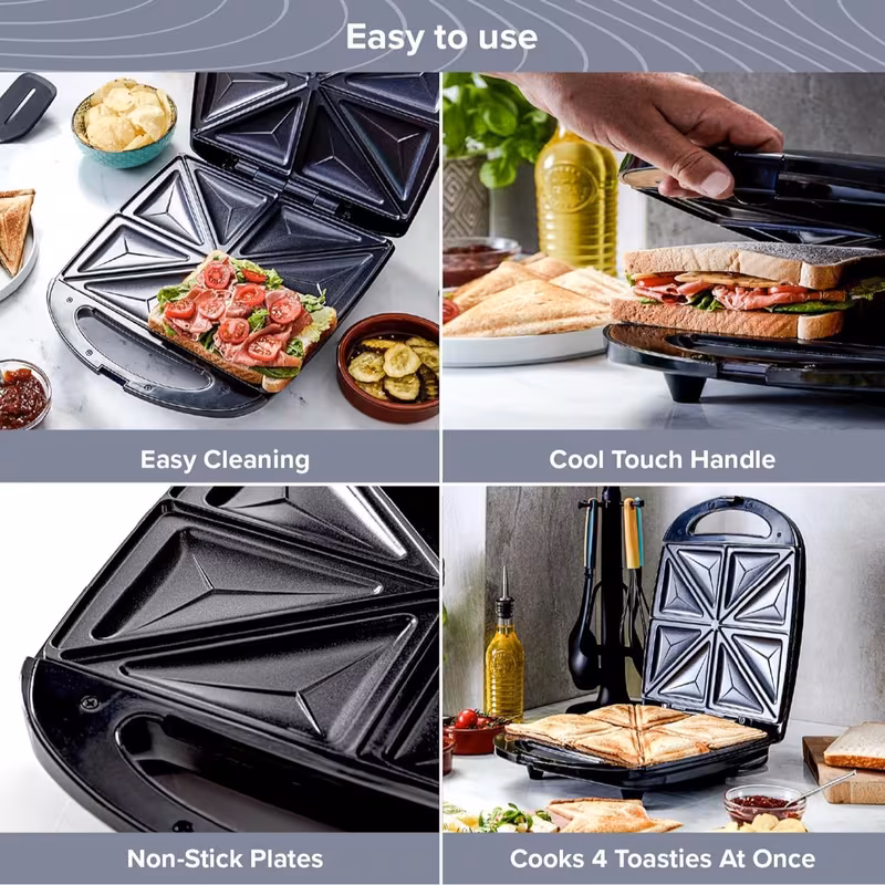 4 Slice Toastie Maker/Easy Clean Non Stick Sandwich Toaster Electric Sandwich Maker & Panini Press – 1400W High Power Indoor Grill with Non-Stick Floating Plates