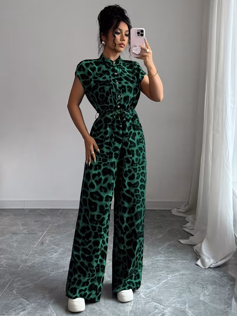 European and American Spring/Summer New Random Print Stand Collar Vacation Style Elegant Casual Belted Jumpsuit