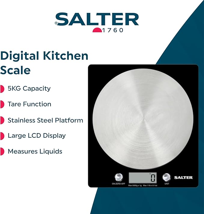 Salter 1036 BKSSDR Digital Kitchen Scale – Cooking & Baking Scales for Food Weight, Stainless Steel Weighing Platform, 5KG Capacity, Tare Function, Large LCD Easy Read Display, Measure Liquids, Black