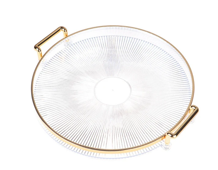 Round Transparent Plastic Serving Tray with Gold Rim and Handles 28 cm