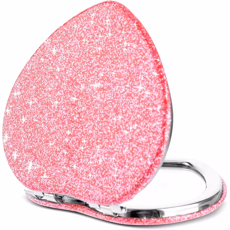 1pc Sparkling Heart-Shaped Portable Makeup Mirror - Polished Stainless Steel Frame with Magnifying Glass Surface