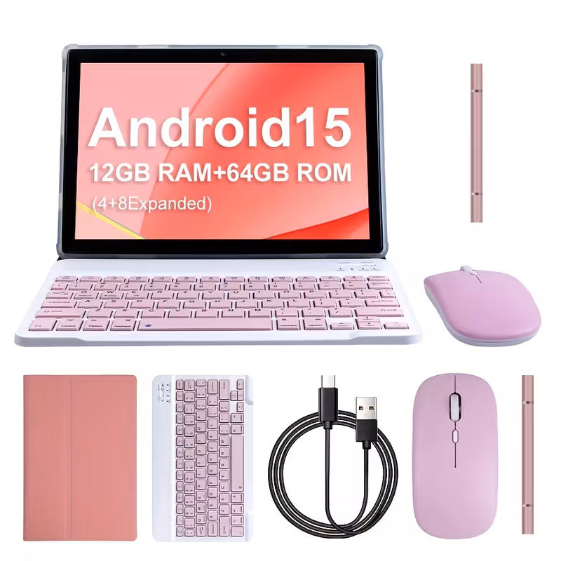 10.1-inch Android 15, 2-in-1 Tablet, 64GB ROM+(4GB+8GB Expansion) 12GB RAM, 5MP Dual Camera, 8-core Processor, 1280 * 800IPS High-definition Display Screen, 5G Wi Fi 6, Google, Equipped with Mouse, Stylus, Keyboard, Anti Drop Protective Case