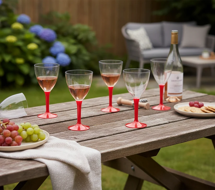Plastic Wine Glasses with Red Stem Handle 15 x 7 cm