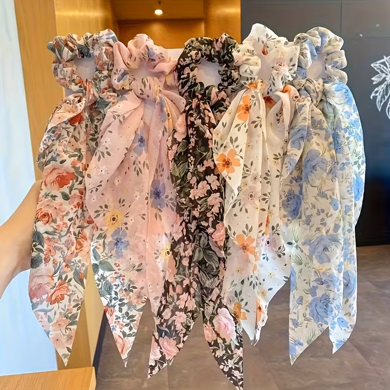 3/4/5pcs Floral Hair Scrunchies - Elegant Bow & Tassel Design, Soft Fabric Hair Ties for Women, Stylish Hair Accessories for Everyday & Special Occasions, Cute Hair Accessories, Occasion Hair Ties, Decorative Hair Ties, Durable Hair Ties