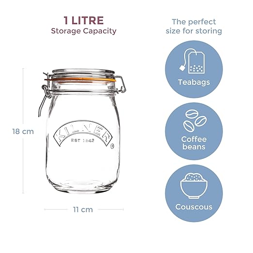 Kilner Clip Top Jar 1 Litre (1000 ml) Airtight Glass Storage Jar for Preserving Fruits Vegetables Coffee Tea Rice Flour Nuts Pasta