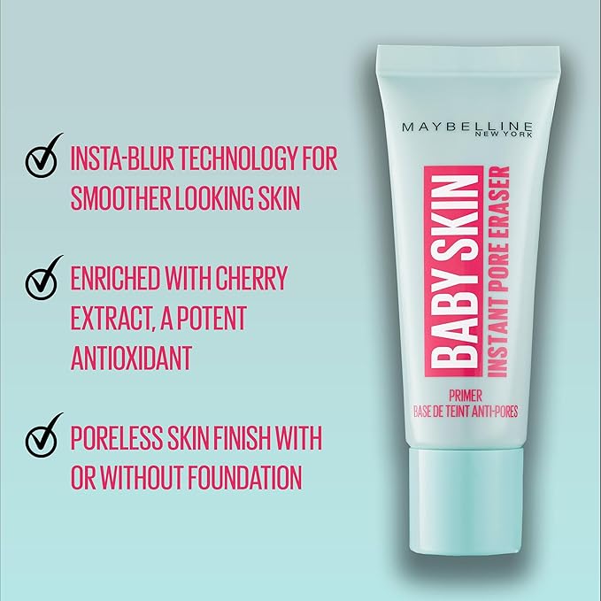 Maybelline New York Baby Skin Instant Pore Eraser Primer – Lightweight Blurring Makeup Base – Smooth Matte Finish for Baby-Soft Skin, Smooth-Glide Formula for All-Day Wear, 22ml