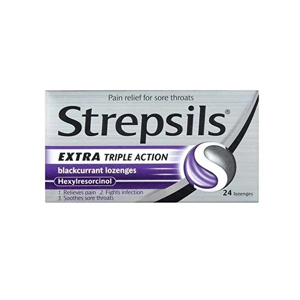 Strepsils Extra Triple Action, Sore Throat Lozenges, Blackcurrant, 24 Total, Soothes Sore Throat, Pain Relief, Numbs Pain, Relieves Germs, Fast Acting, Up To 2 Hours Relief, Sore Throat, Medication (Pack of 2)