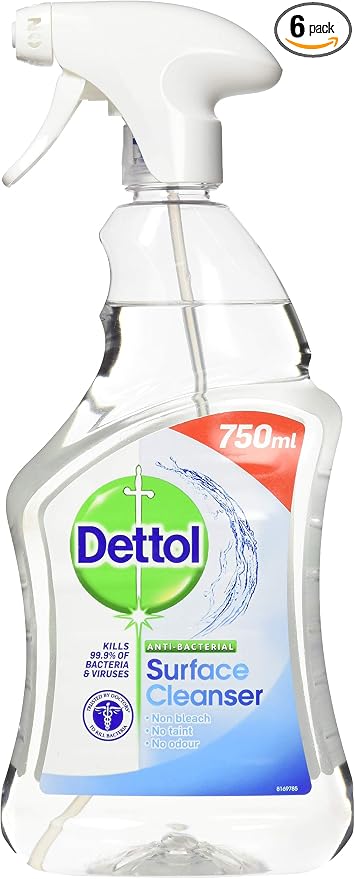Dettol Antibacterial Surface Cleanser Spray, Fragrance Free, 4.5L (750ml x 6pck) Everyday Cleaning, Disinfectant, No Bleach, Kills 99.9 Percent of Germs