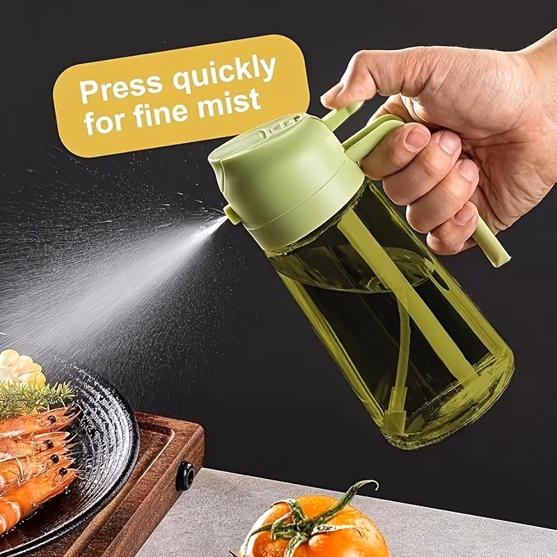 16oz Olive Green Glass Olive Oil Bottle 3-in-1, Auto Flip Lid Cooking Sprayer + Brush + Stickers