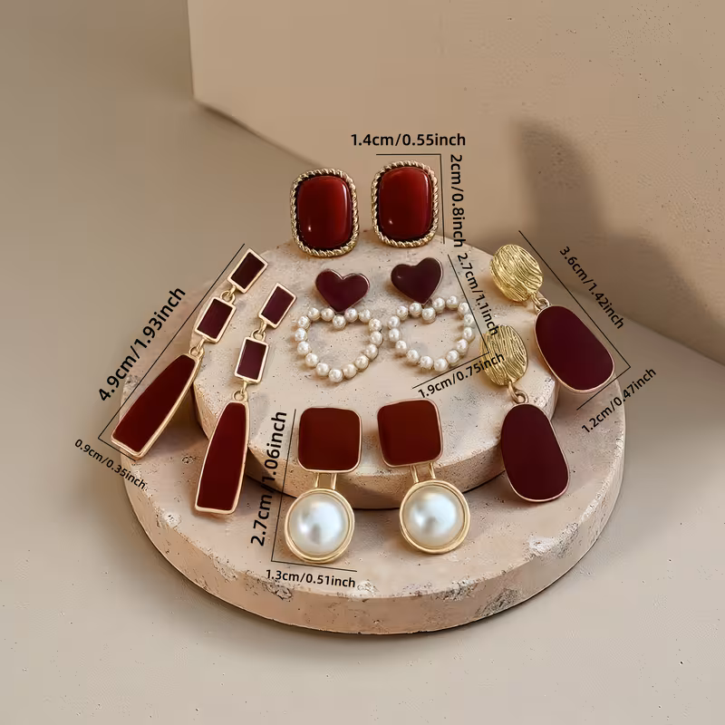 Five-Pair/Set Women's Fashion Jewelry Set, French-Style Vintage Burgundy Geometric Irregular Imitation Pearl Heart Stud Earrings, Suitable for Women's Daily Casual Wear and Holiday Gifts