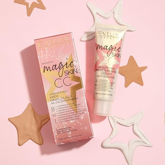 Eveline Cosmetics Magic Skin CC Beautifying 8-in-1 Moisturizing Cream for Redness with Hyaluronic Acid, 24k Gold, and Vitamin E - 50ml