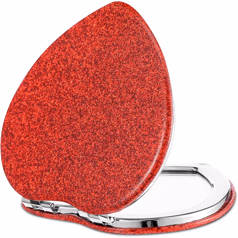 1pc Sparkling Heart-Shaped Portable Makeup Mirror - Polished Stainless Steel Frame with Magnifying Glass Surface