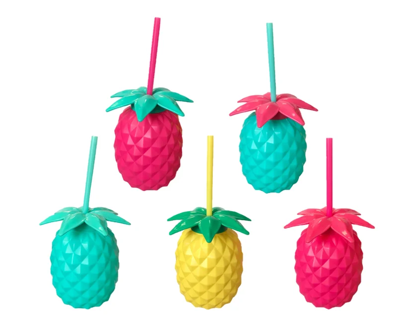 Plastic Pineapple Shaped Cocktail Drinking Glass Cup with Lid and Straw 14 cm Assorted Colours