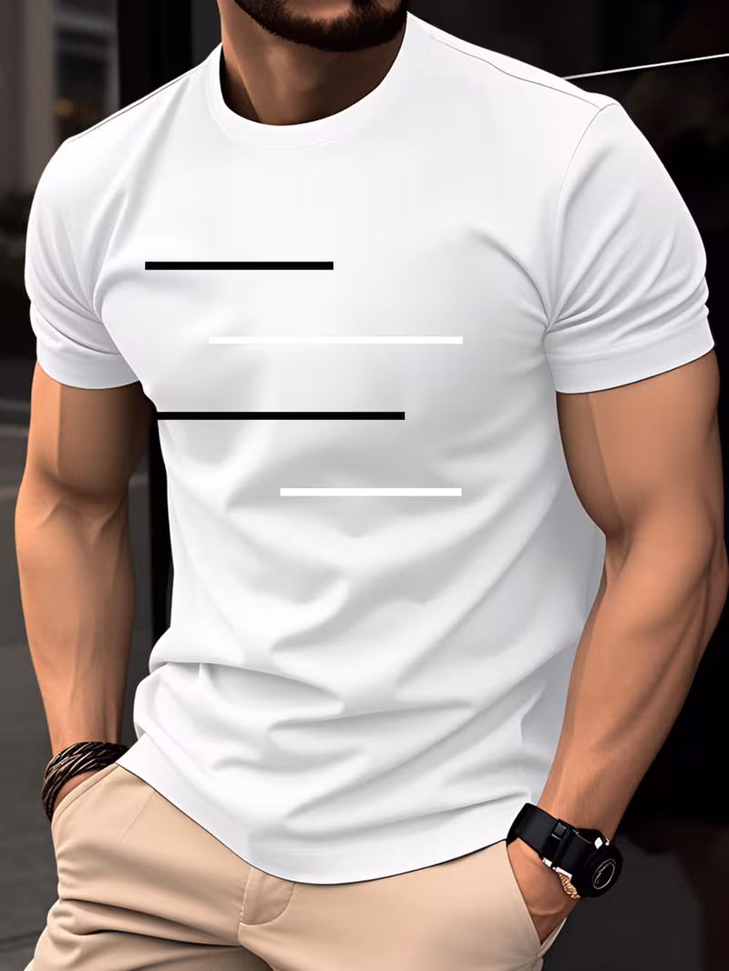 100% Men's T-Shirt, Summer Short Sleeve Thin Top, Trendy Slim Fit, Versatile Casual Daily Commute, Black and White Line Minimalist Geometric Pattern Design