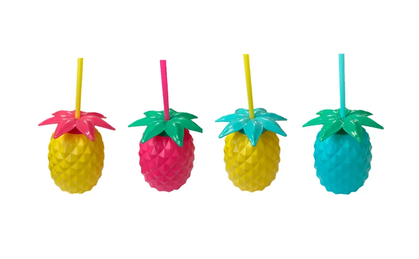 Plastic Pineapple Shaped Cocktail Drinking Glass Cup with Lid and Straw 14 cm Assorted Colours