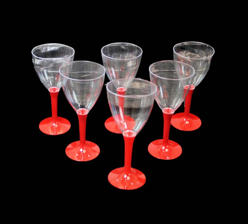 Plastic Wine Glasses with Red Stem Handle 15 x 7 cm