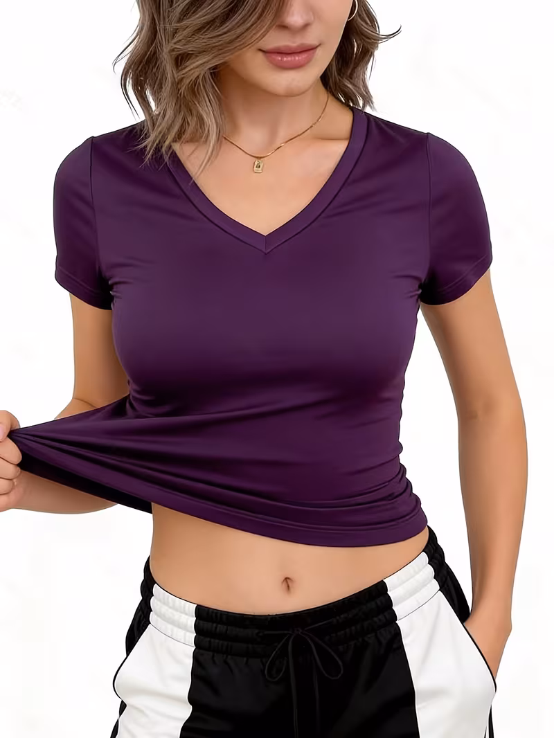 Women'S Summer V-Neck Fitted Casual Solid Color Short-Sleeve Cropped Loungewear Top