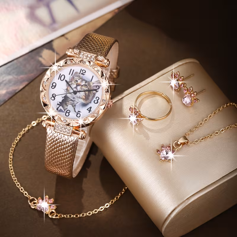 6pcs Women'S Elegant And Minimalist Cat Quartz Watch + Versatile Fashion Jewelry Set, The Perfect Gift for Her on Anniversaries And Birthdays