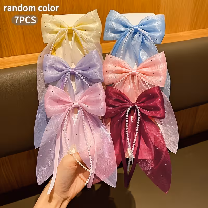 7 Sweet-Style Colorful Fabric Bow Hair Clips, Fashionable Hair Accessories Suitable for Daily Use - Colors Random