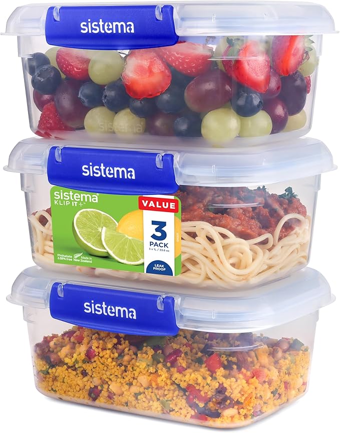 Sistema Klip It Plus Leakproof Food Storage Containers, 1 L, Airtight, Stackable & Nestable Meal Prep Containers with Lids, School Lunch Boxes, 3 Count