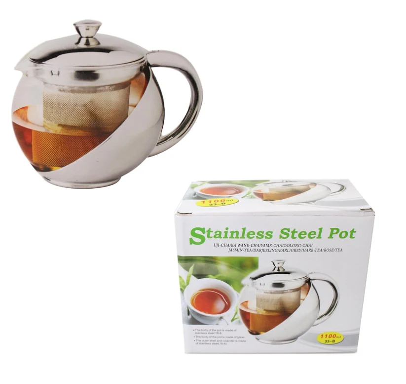Stainless Steel and Glass Teapot with Mesh Strainer Filter 1100ml