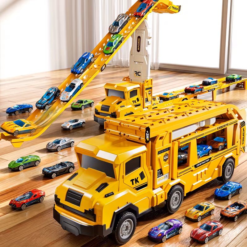 2-in-1 Foldable Car Transport Box for Trucks, Equipped with Double-Track Race Track, 12 Cast-Iron Cars, with Catapult Plastic Structure, for Children Aged 3+, Birthday and Holiday Gift. Accessory Colors Are Random.