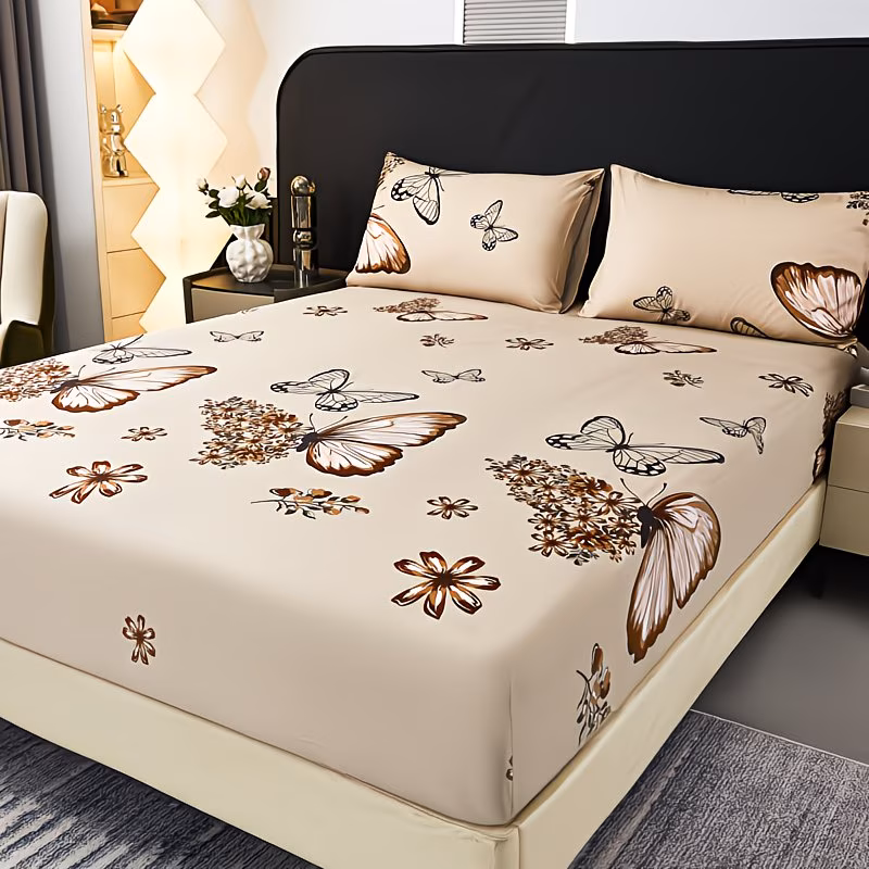 Butterfly Floral Printed Bed Sheet Set (1 Fitted Sheet + 2 Pillowcases), Designed with a Strong Sense of Style, Made with Brushed Fabric for Comfort And Skin-Friendliness, Featuring Reactive Dyeing That Doesn'T Fade And Is Shrink-Resistant. Suitable