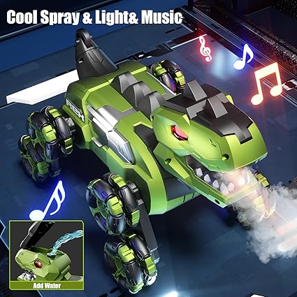 ZIPANDA 4DRC Y12 Dinosaur Remote Control Car, Eight-wheeled Stunt Tyrannosaurus Rex RC Car with 2 Types of Control, LED Light, Spray,ZIPANDA Dinosur Music, Gesture Sensing RC Drift Cars Toys Gifts for Kids Boys Girls