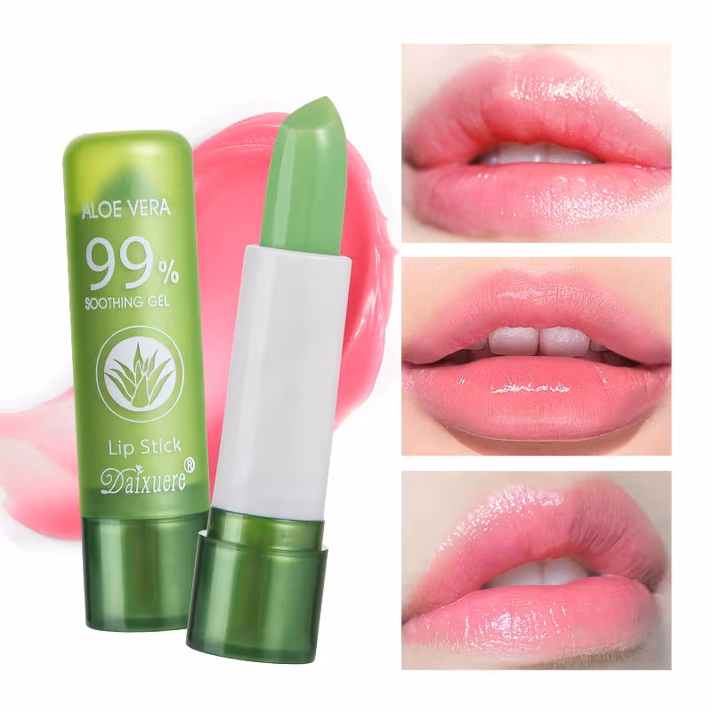 Aloe Vera Lipstick - Color-Changing Moisturizing Balm for Dry Cracked Lips, Natural Finish, Green & Pink Shades, Non-Greasy Formula, Perfect for Everyday Use, Moisturizing Lipstick, Sleek Tube Design, Smooth Texture