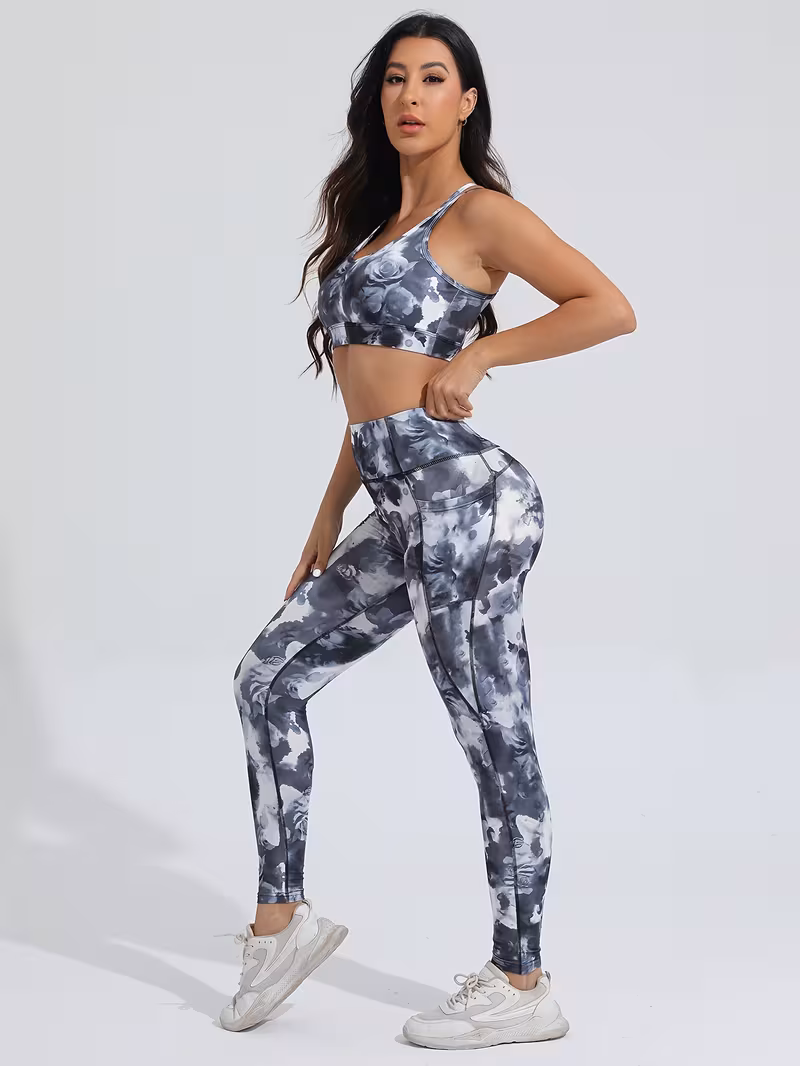 2pcs Printed Fitness Yoga Set, Stretchy Breathable Comfort Sports Tank Top + Leggings for Women