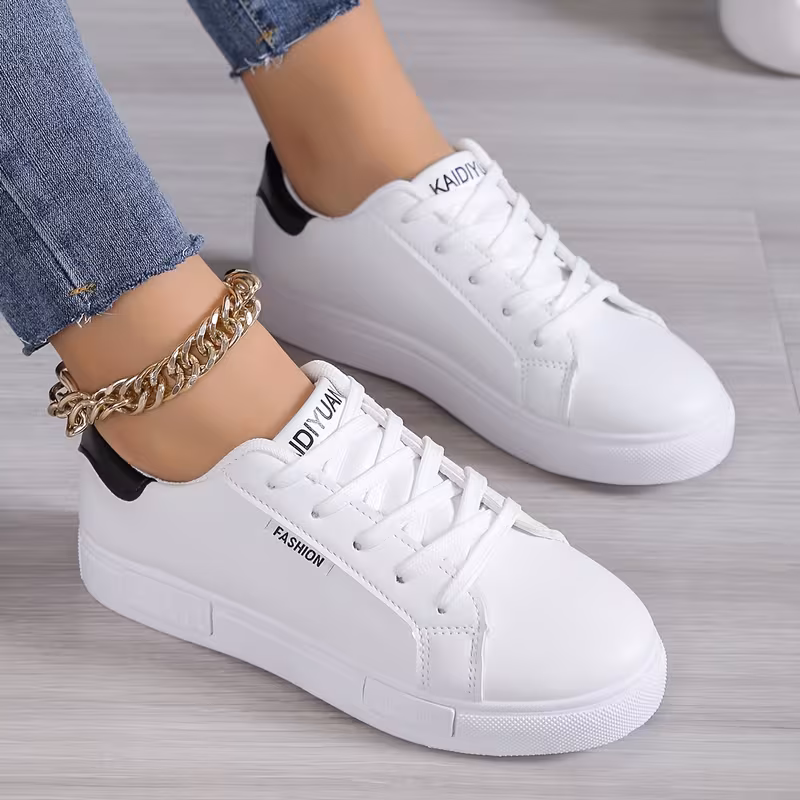 XAHN Low-Top Sneakers - Round Toe Lace-Up Minimalist White, Soft Cushioned Sole & / Upper, - Versatile for Casual, Office, Casual Attire | Suitable for -Day & Maintenance, Women Shoes