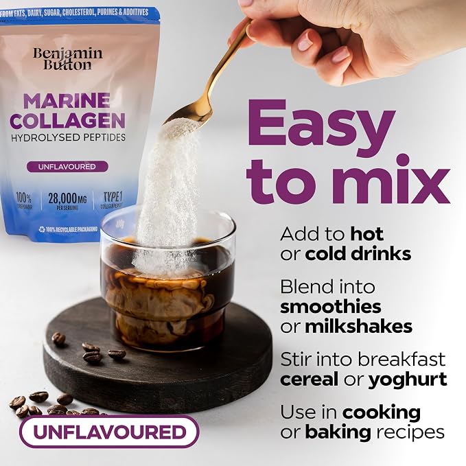 Benjamin Button Pure Marine Collagen Powder - Hydrolysed Peptides (Type I) from Wild-Caught Fish - Unflavoured, 400g - Hair, Skin, Nail, Joint & Bone Support - Halal, Keto & Paleo Friendly (Pack of 2)