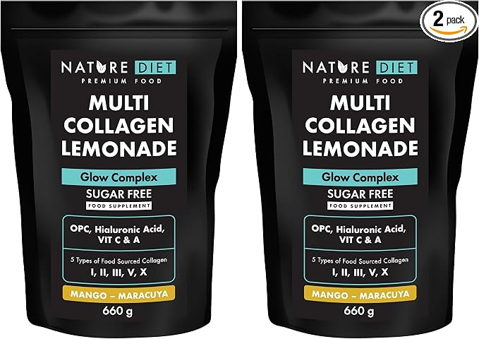 Nature Diet Multi Collagen Lemonade | Mango - Maracuya | 5 Types of Collagen | 660g | 60-Day Supply | Sugar-Free | Glow Complex with Hyaluronic Acid, Vitamin C & A (Pack of 2)