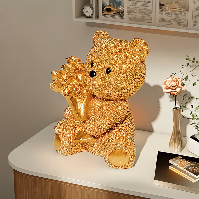 1pc Sparkling Resin Teddy Bear with Flower Bouquet | Adorable Decorative Figurine for Engagement, Wedding, Birthday, Mother's Day, Valentine's Day - Ideal for Kitchen, Living Room, Bedroom