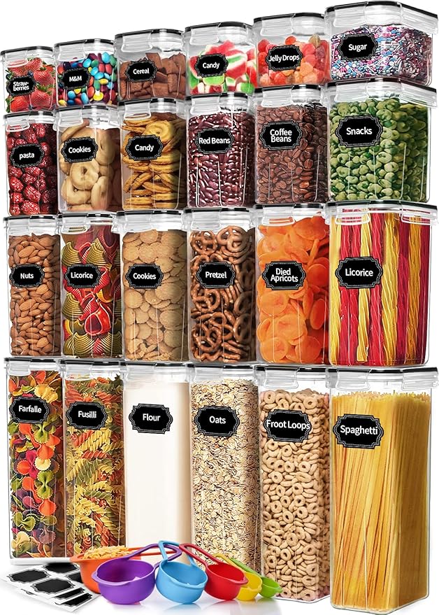 Skroam 24 Pack Airtight Food Storage Containers with Lids for Kitchen Pantry Organizers and storage, Plastic Canister Set for Cereal, Pasta, Flour & Sugar - Spoon Set, Labels & Marker.