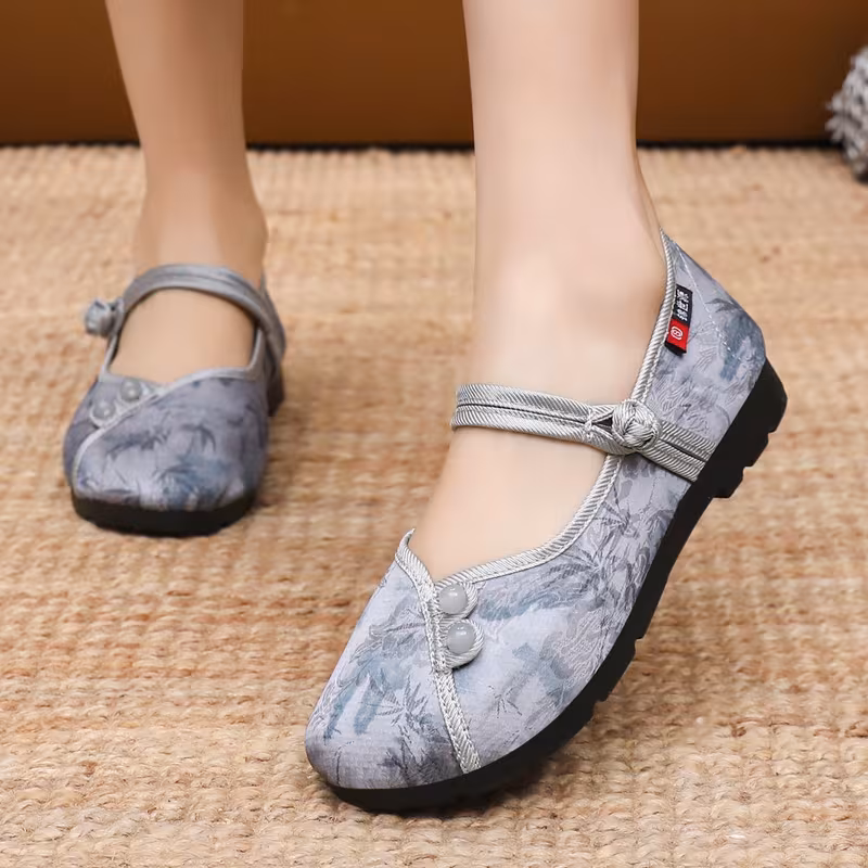 Retro Chinese Style Ink Painting Cloth Shoes for Women, Soft Sole Breathable Middle-Aged And Elderly Single Shoes, Shallow Mouth One-Strap Mother Shoes, Women Shoes, Sneakers