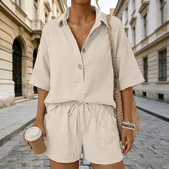 Women's Cotton and Linen Shorts Set Going Out 2 Piece Co Ord Sets Casual Loose Short Sleeve Button Shirts Elastic Waist Beach Travel Outfit Ladies Tracksuit Shirt Sets S-XXL