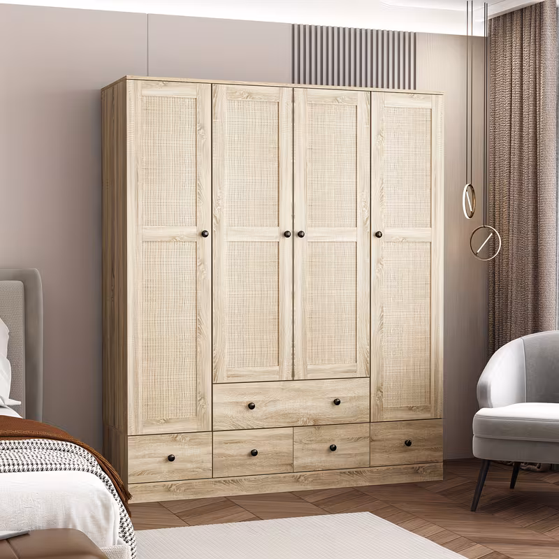 4-Door Wooden Armoire Wardrobe Closet with 5 Drawers, Checkered Storage Area & Hanging Rods, Clothes Organizer for Bedroom, Modern Design